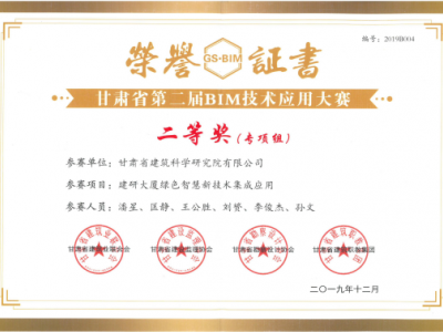建科院六名同志入圍甘肅省建筑業(yè)聯(lián)合會專家?guī)?并獲第二屆BIM大賽二等獎榮譽證書